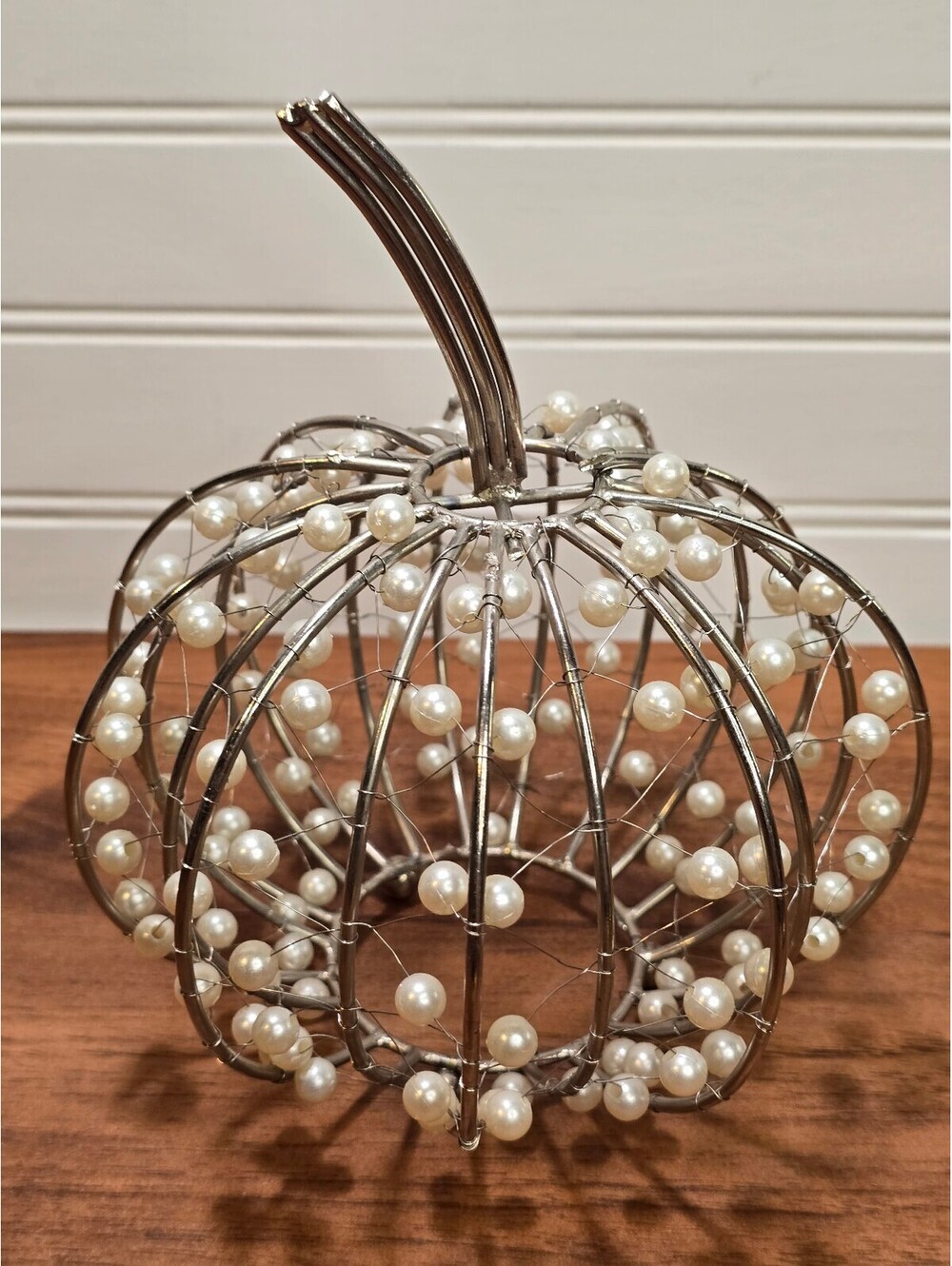 Elegant Silver Metal Wire Pumpkin Table Decor Faux Pearl Jeweled Autumn Harvest